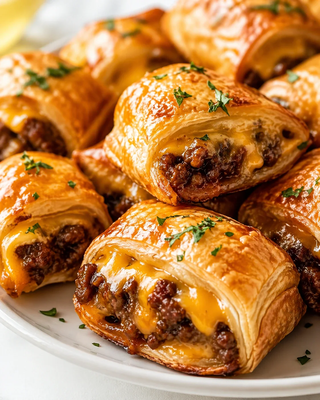 Close-up of golden sausage rolls with melted cheese on a white plate, sprinkled with parsley.