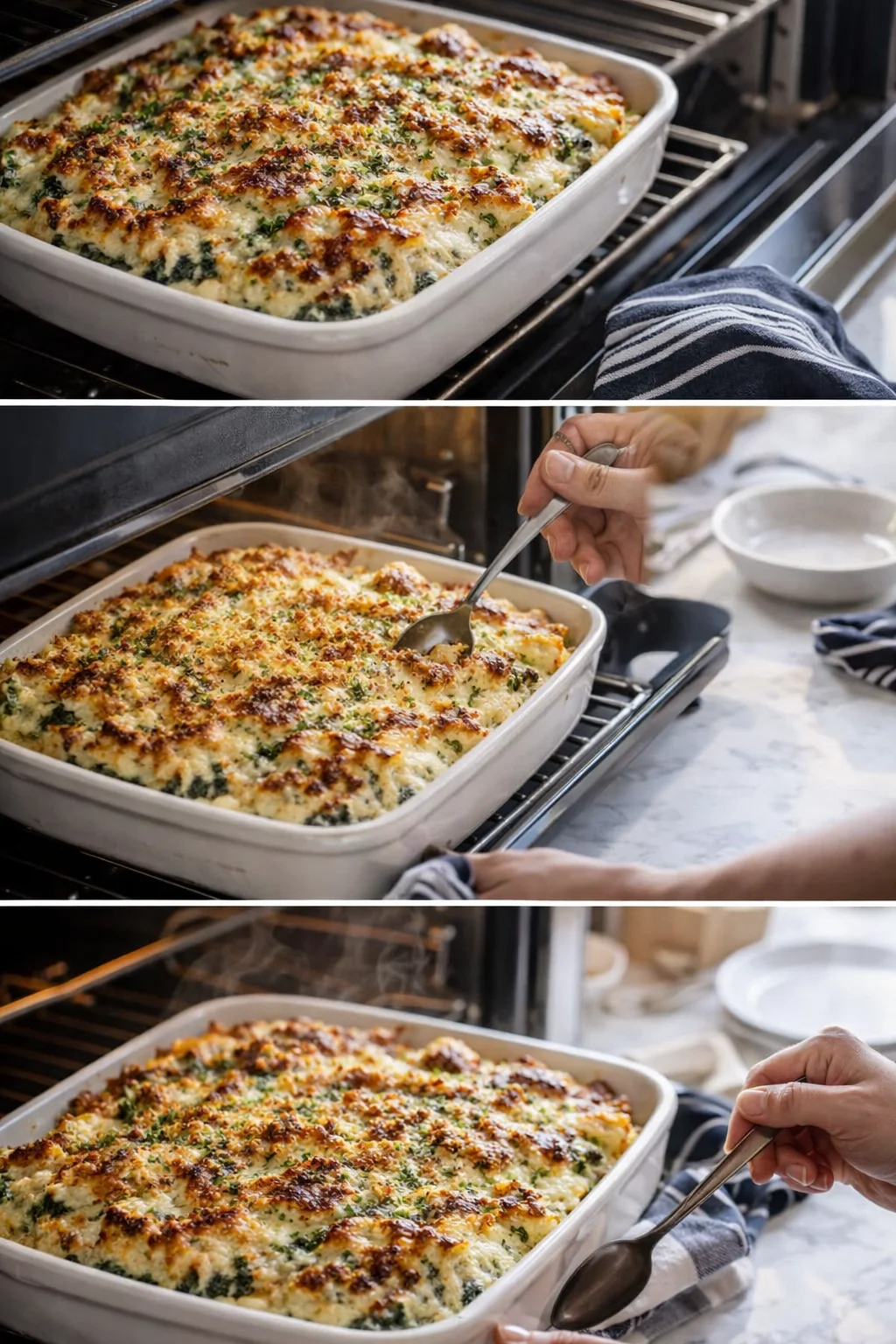 White casserole with browned cheesy spinach bake on an oven rack; hands scoop portions.