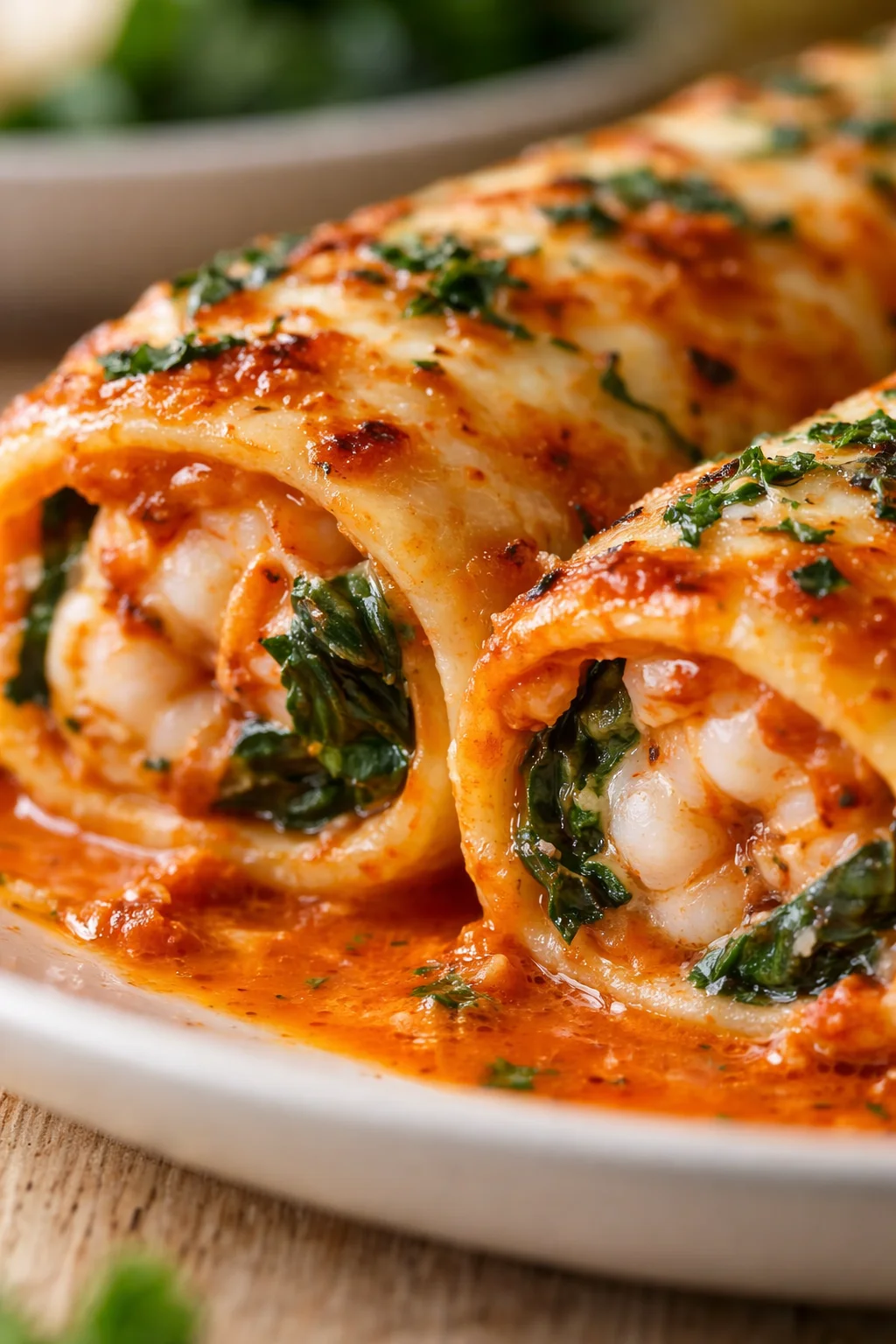 Close-up of cheesy stuffed pasta rolls in tomato sauce, garnished with herbs