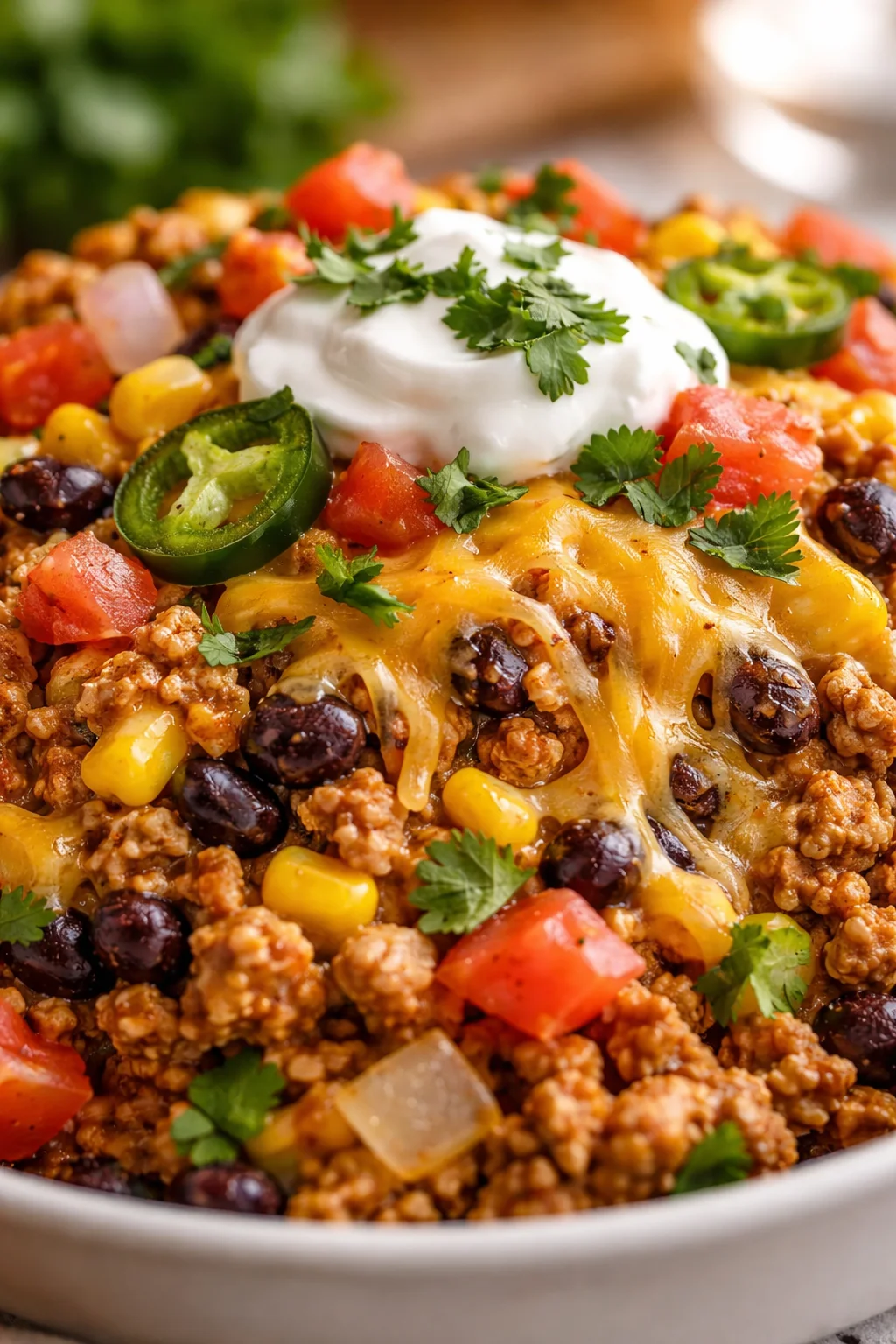 close-up of a cheesy taco casserole topped with sour cream and cilantro