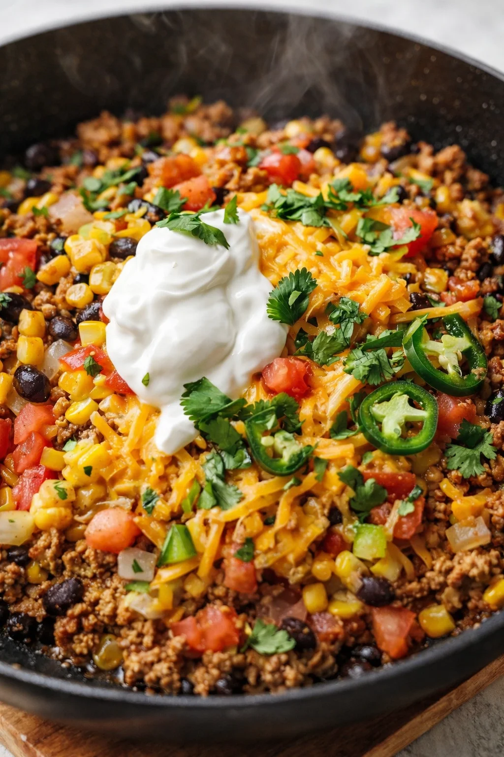 close-up of a loaded taco skillet with sour cream, cilantro, jalapeños, and melted cheese