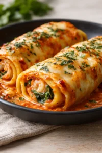 two rolled pasta tubes topped with melted cheese and tomato sauce on a dark plate