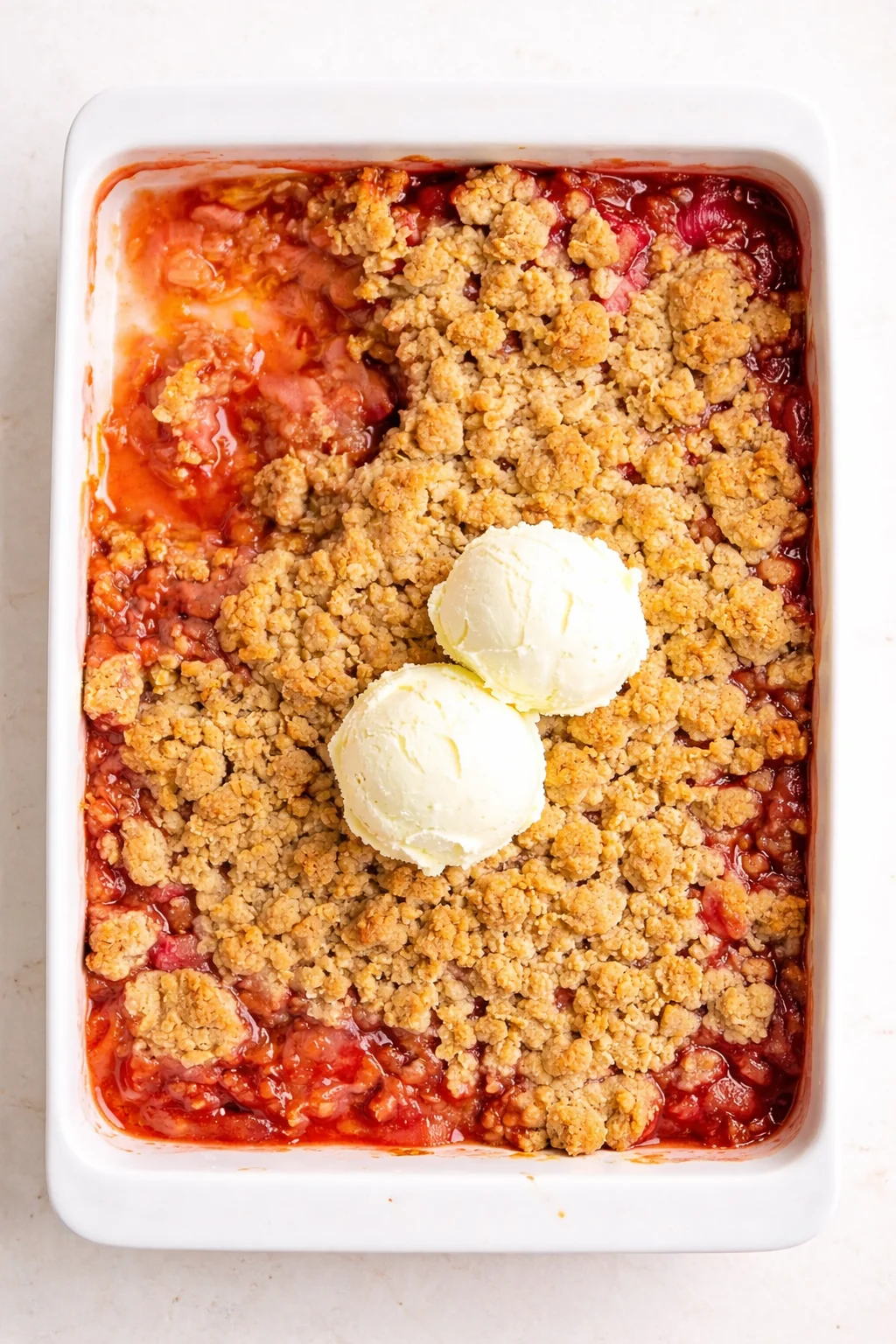 A white rectangular dish holding cherry crumble with two scoops of vanilla ice cream on top.