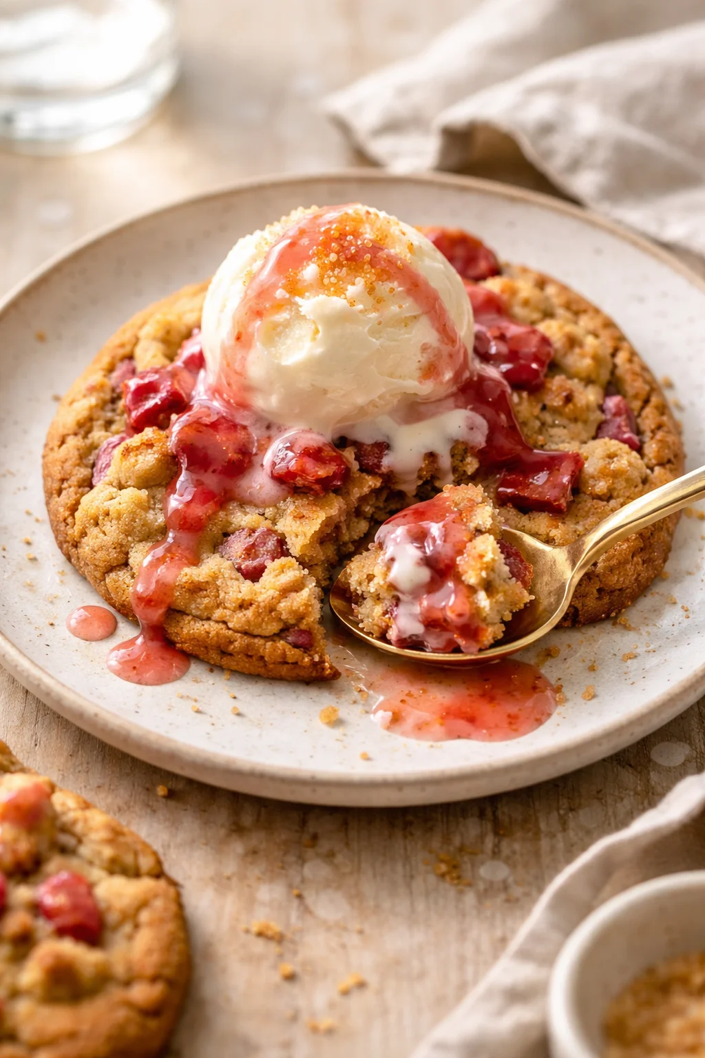 Golden-brown cookie with a scoop of vanilla ice cream and pink berry sauce.