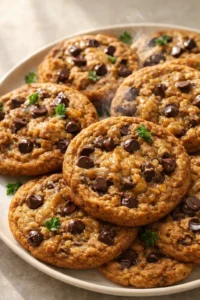 plate of warm chewy chocolate chip cookies with melted chips and parsley garnish