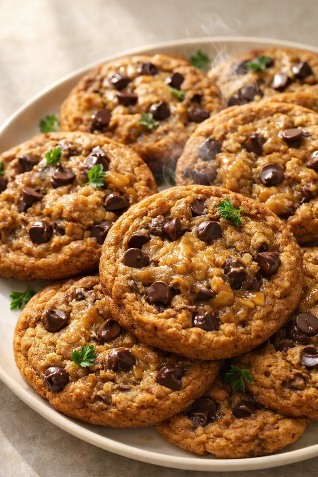 plate of warm chewy chocolate chip cookies with melted chips and parsley garnish