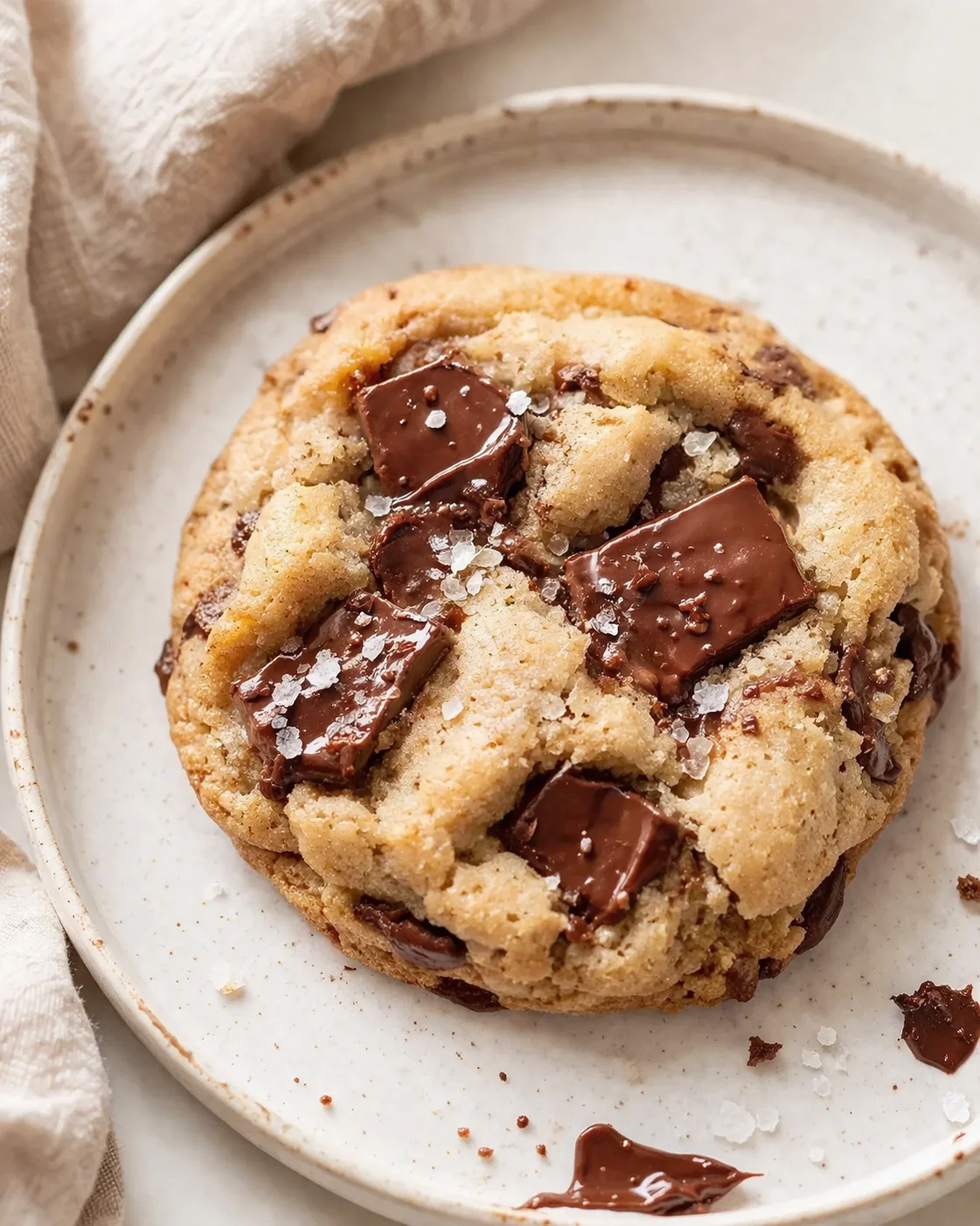 A thick, chewy chocolate chunk cookie on a speckled beige plate, sprinkled with flaky sea salt.