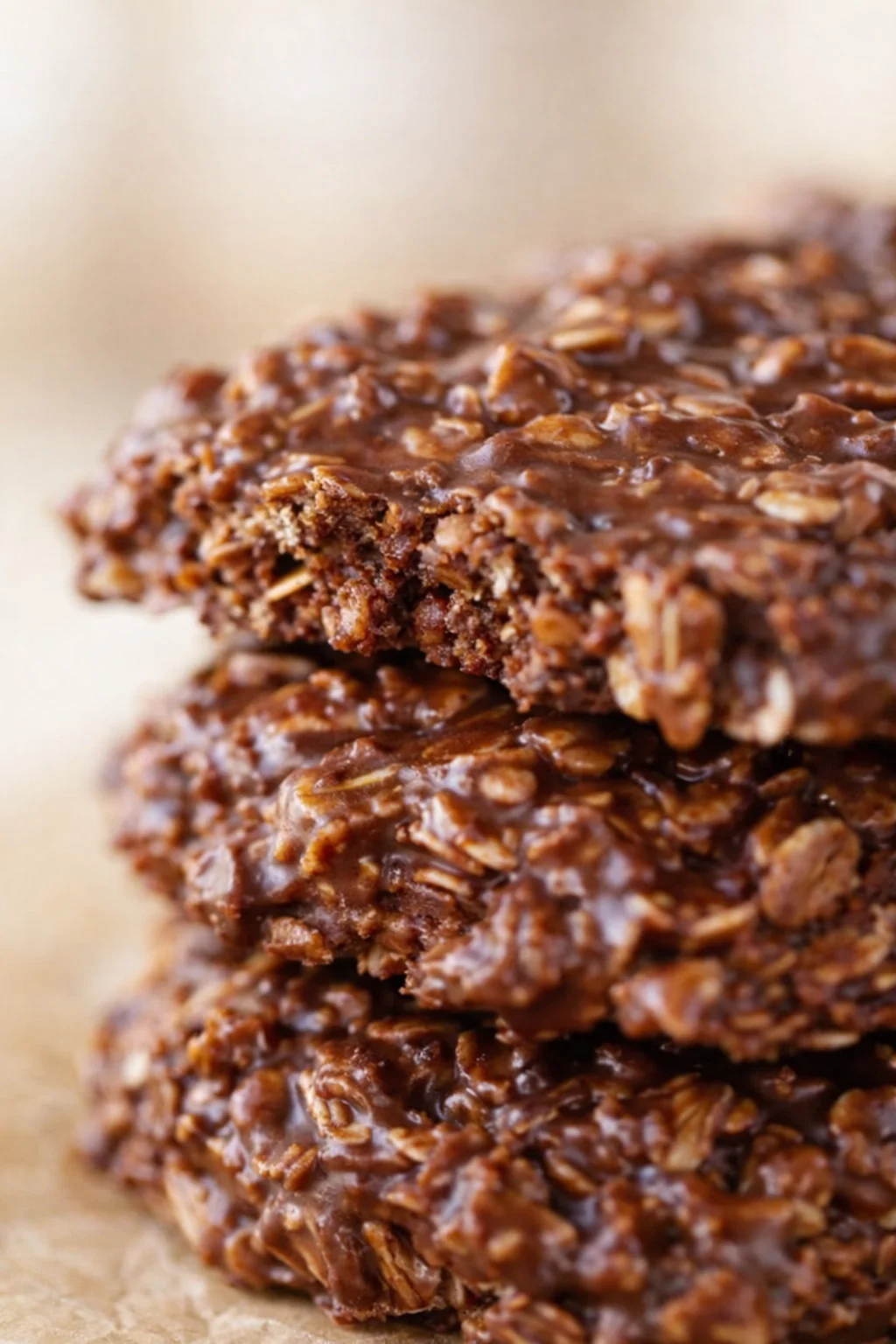 Close-up of stacked chewy chocolate oat bars with glossy glaze on parchment
