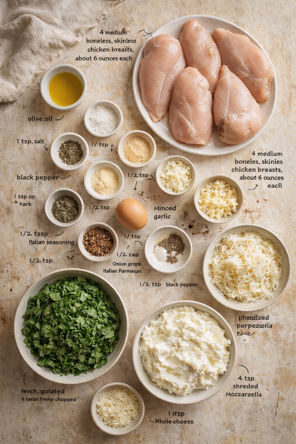 overhead view of raw chicken breasts surrounded by bowls of spices, cheese, garlic, and herbs.
