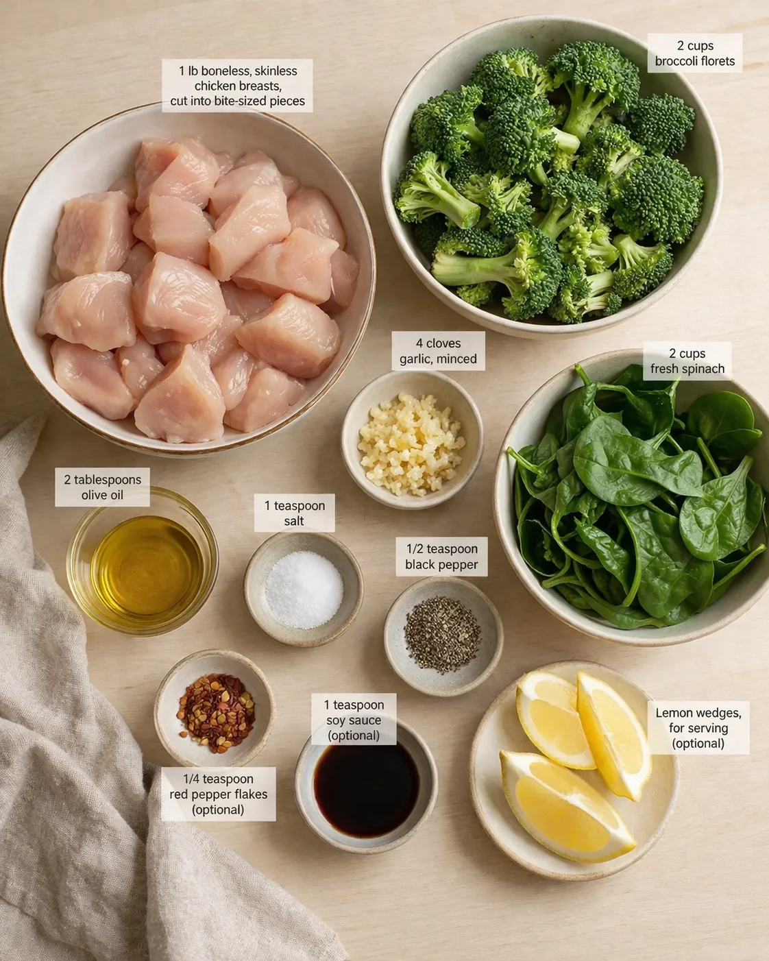 Top-down view of chicken, broccoli, spinach, lemon wedges, and condiments arranged on a wooden surface.