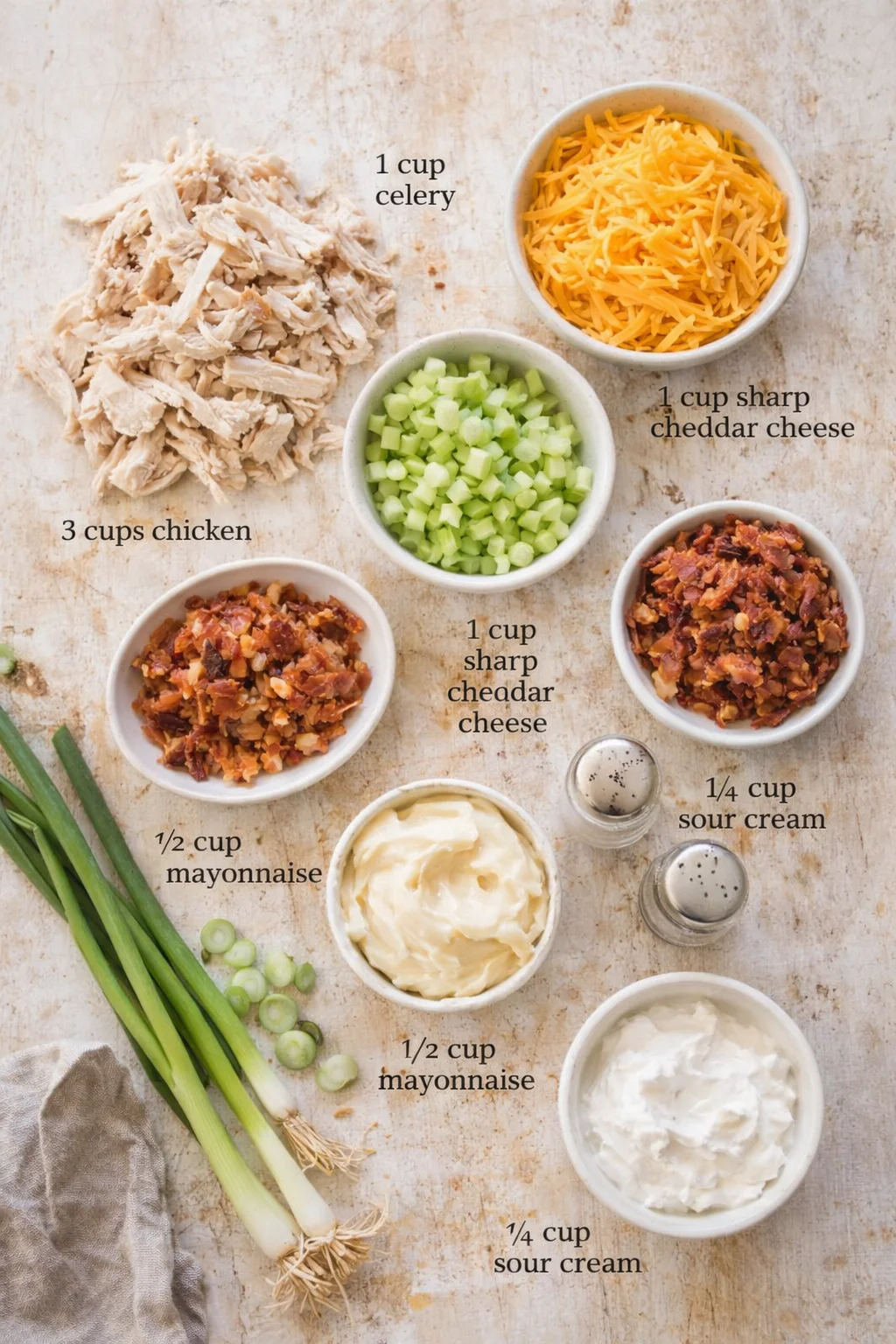 Top-down view of a recipe spread: bowls of chicken, celery, cheese, mayo, sour cream, and bacon.