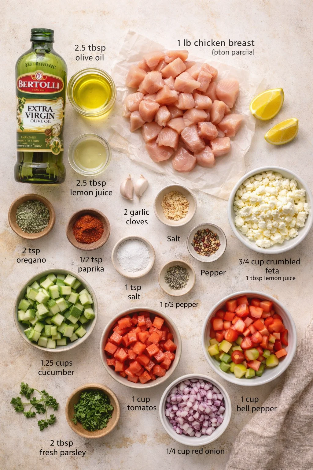 Top-down shot showing diced chicken, vegetables, and spices arranged with ingredient labels.
