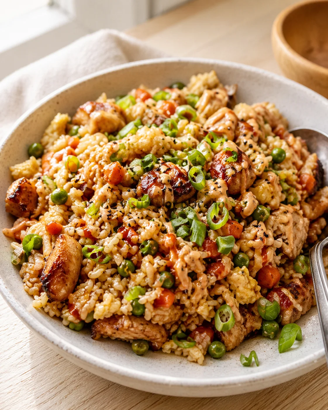 bowl of chicken fried rice with peas, carrots, and scallions on a light wooden table.