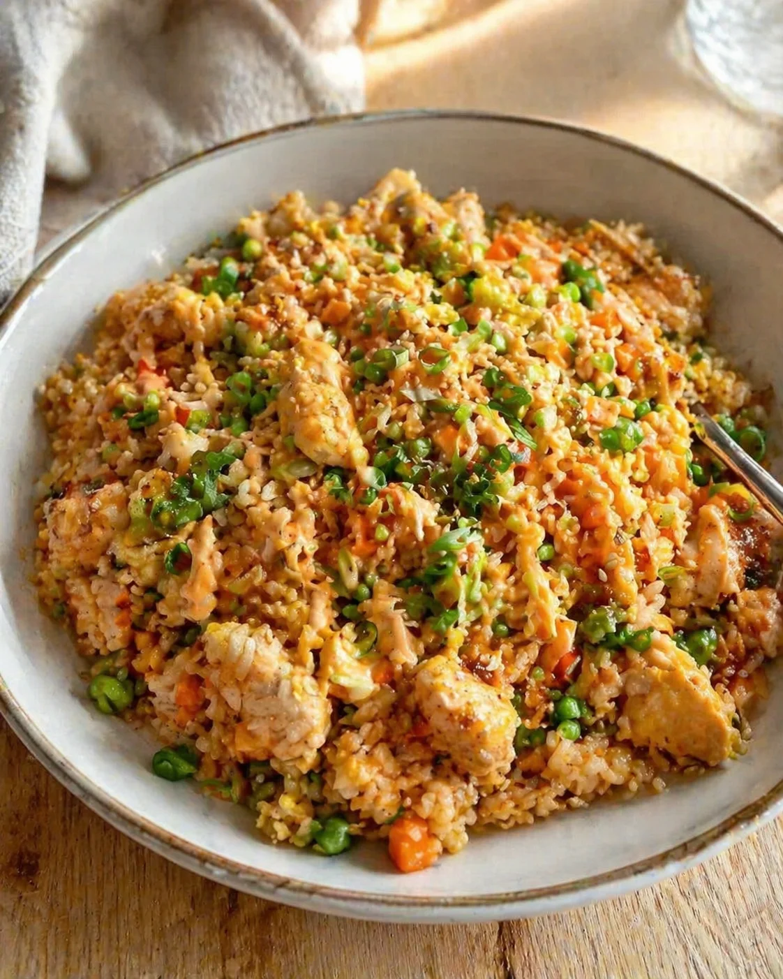 bowl of chicken fried rice with peas, carrots, and green onions on wood