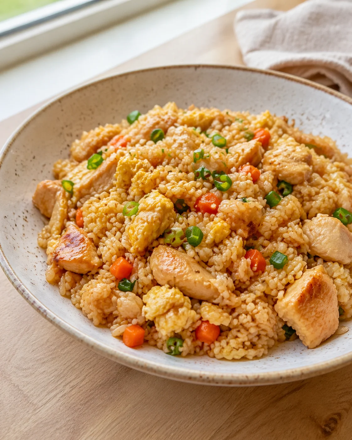 bowl of chicken fried rice with peas, carrots, and diced chicken on a wooden table