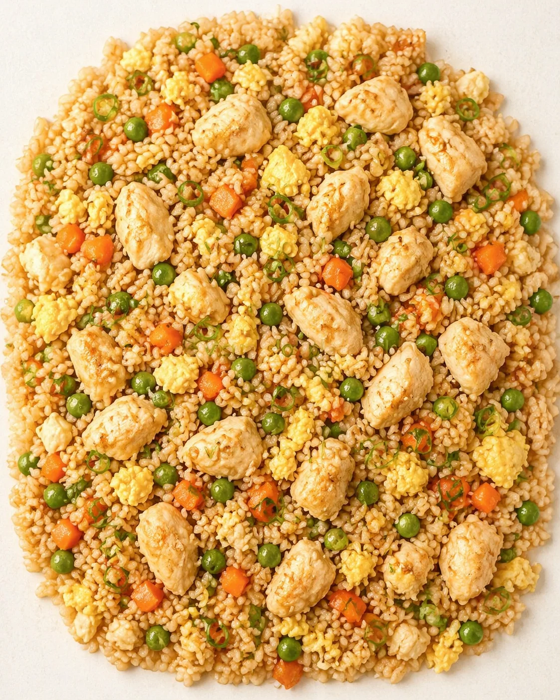 top-down view of chicken fried rice with peas, carrots, scrambled eggs, and chicken pieces