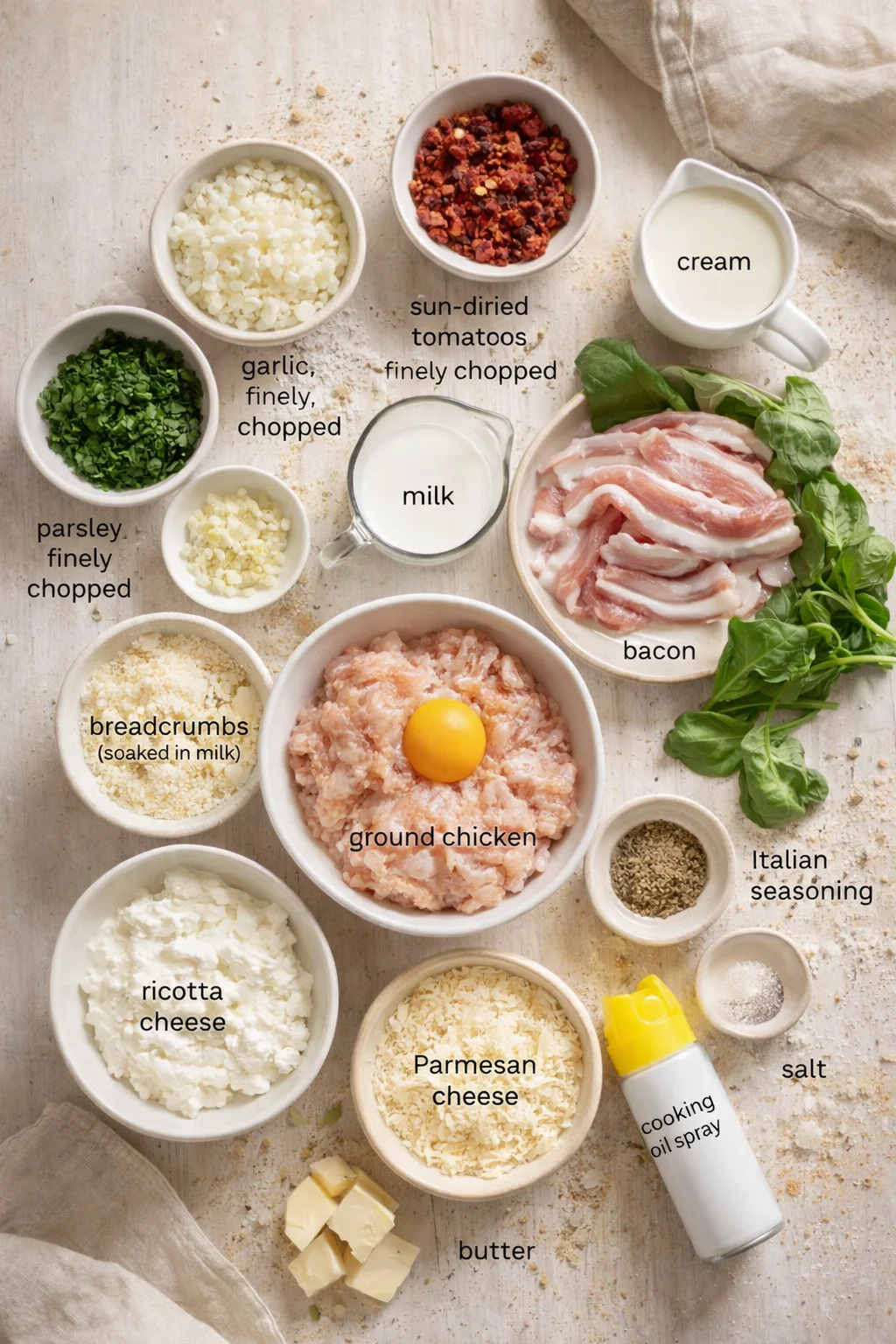 top-down view of ingredients for chicken meatballs arranged in bowls on a rustic countertop.