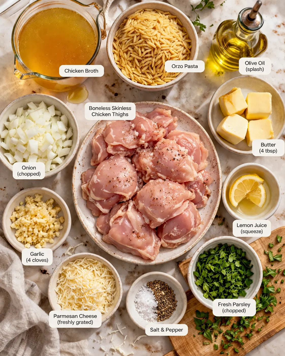 Top-down view of raw chicken thighs surrounded by orzo, broth, lemon, butter, cheese, and herbs.