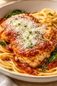 Two chicken parmesan cutlets atop spaghetti in marinara sauce, topped with parmesan shavings and parsley.
