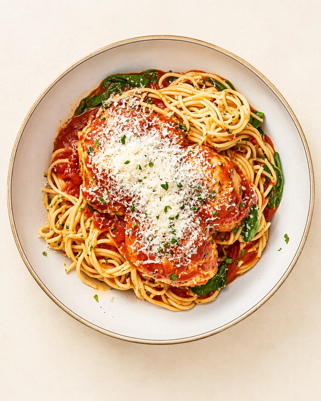 top-down plate of spaghetti with tomato sauce, chicken parmesan, greens, and grated cheese