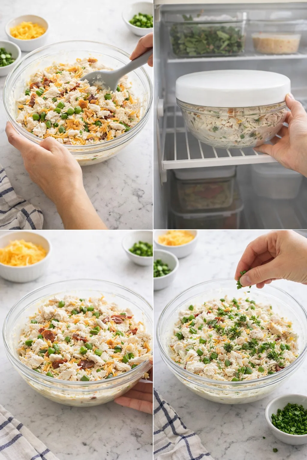 collage of hands mixing chicken salad, refrigerating, and garnishing in a bright kitchen