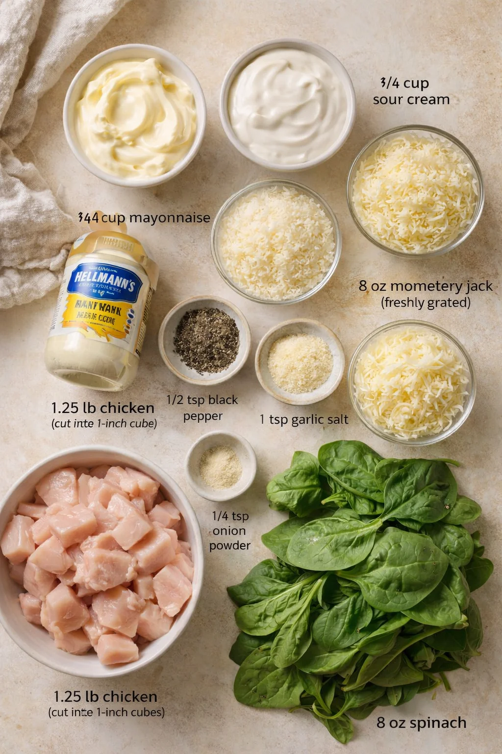 Overhead view of raw chicken cubes, spinach, cheeses, and condiments arranged on a beige kitchen surface.