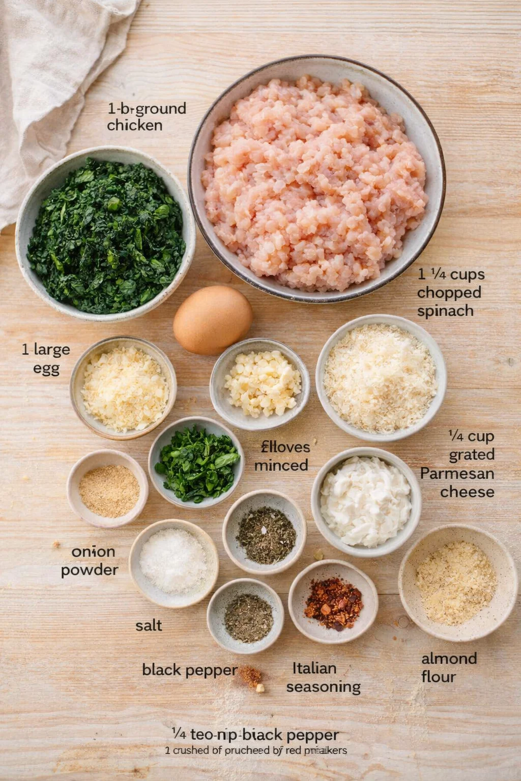 Overhead view of chicken, spinach, cheese, egg, and spices arranged in bowls on a wooden surface.