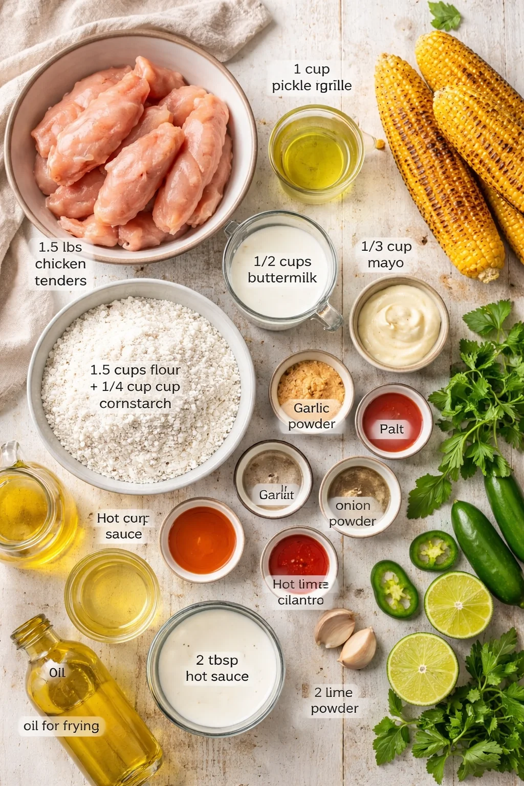Top-down view of chicken tenders with buttermilk, mayo, flour, spices, corn, oil, limes, and herbs.