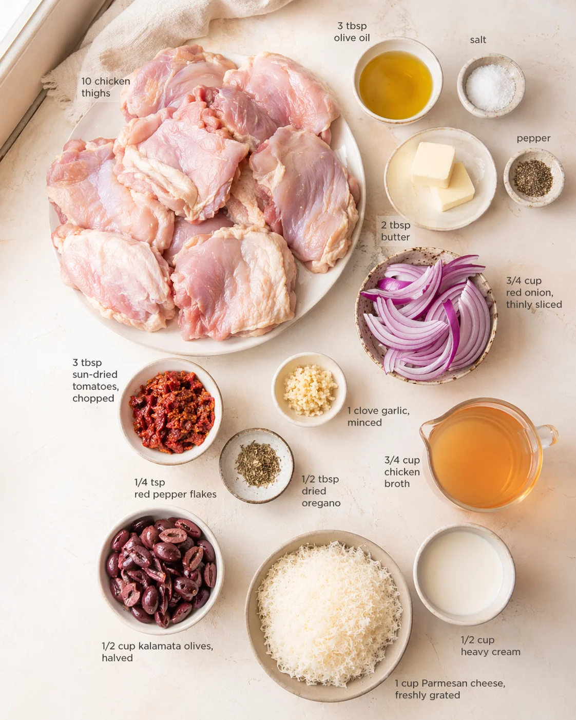 Raw chicken thighs arranged on a white plate with surrounding ingredients and labels.