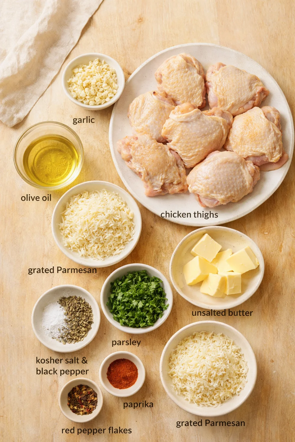 overhead view of raw chicken thighs surrounded by garlic, olive oil, butter, Parmesan, parsley, and spices