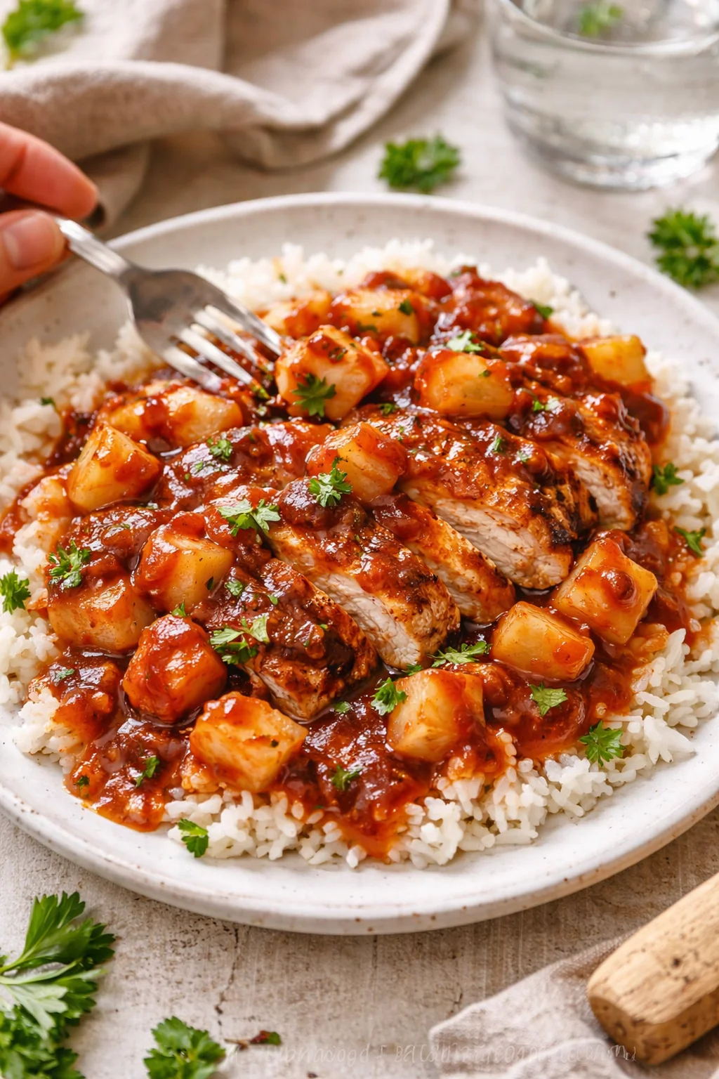 Sliced chicken in glossy tomato sauce with potato cubes over white rice on a speckled plate