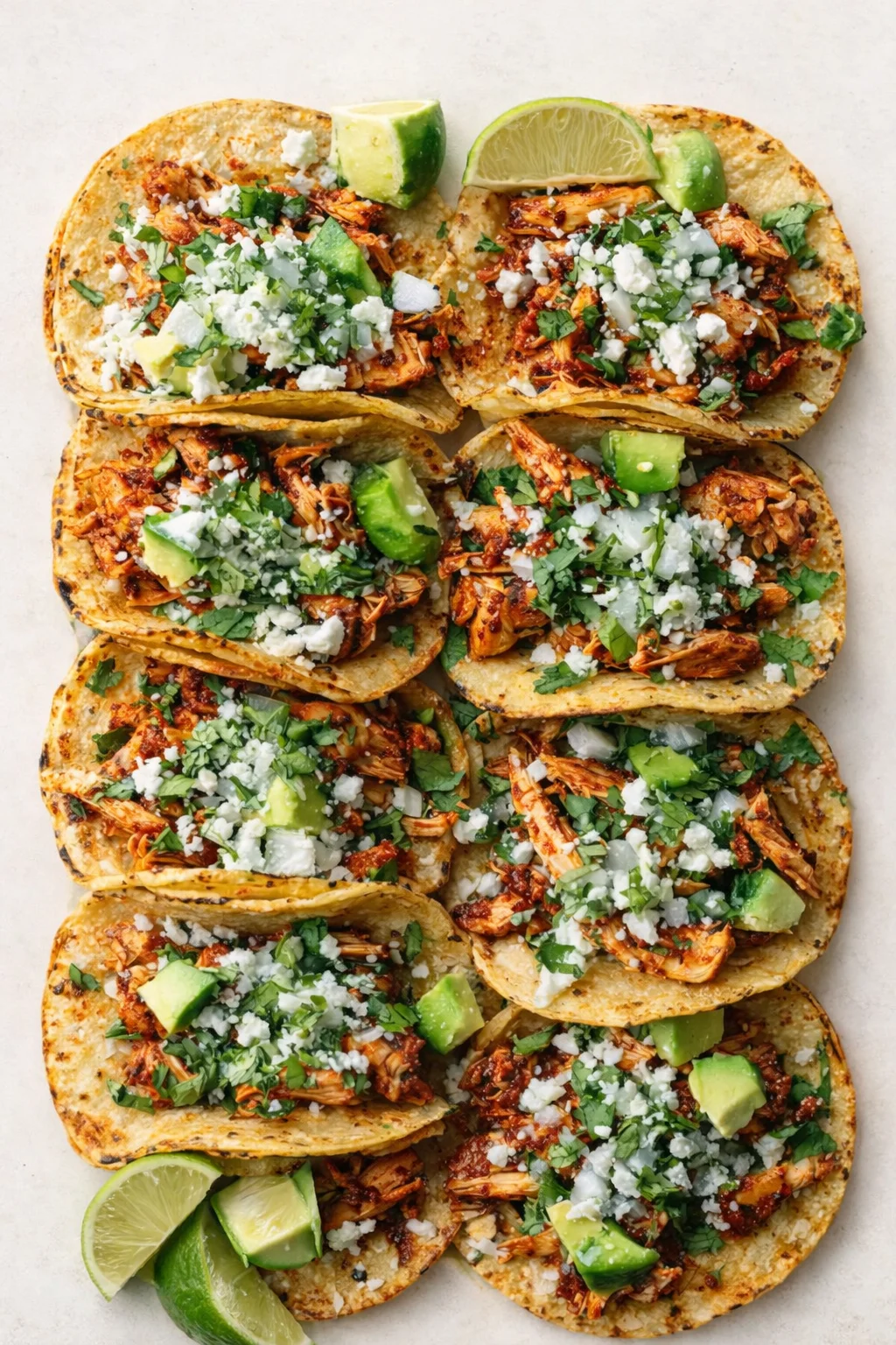 Eight corn tortillas topped with chipotle chicken, avocado, onions, cilantro, cotija, and lime wedges.