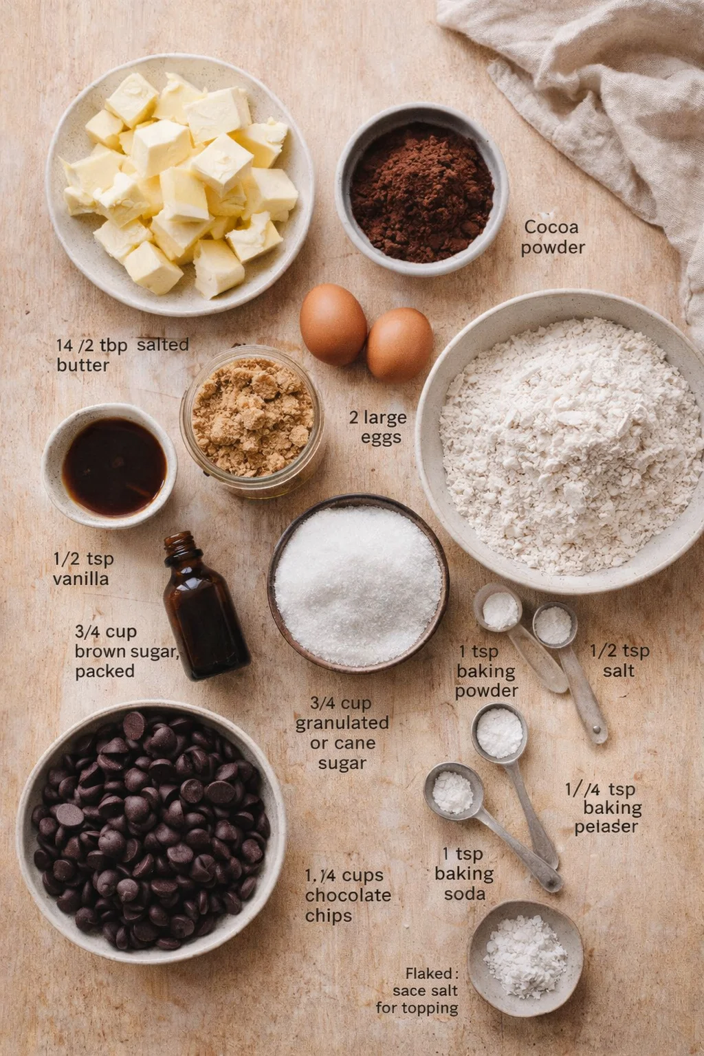 Overhead view of baking ingredients: butter, cocoa powder, eggs, flour, sugar, vanilla, and chocolate chips