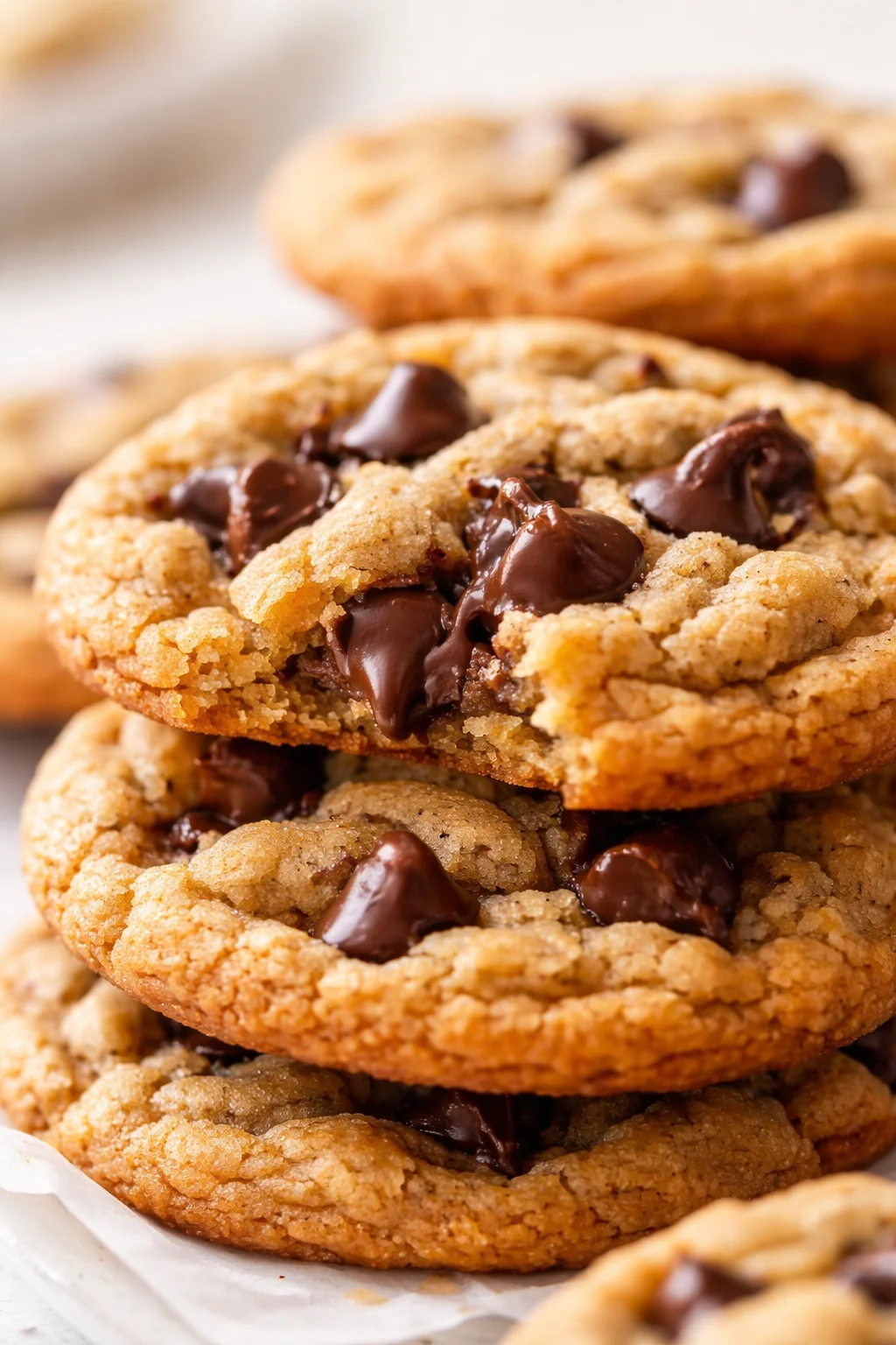 close-up of warm chocolate chip cookies with melted chips stacked on parchment