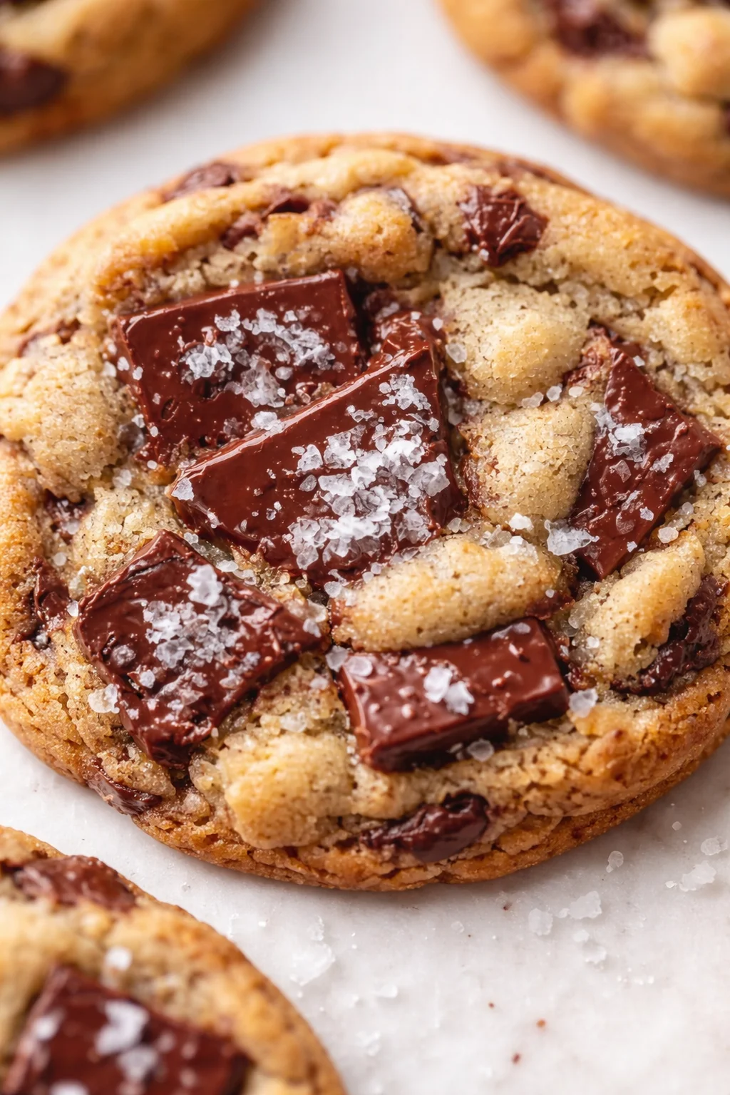 Close-up of a golden-brown chocolate chunk cookie with sea salt flakes.