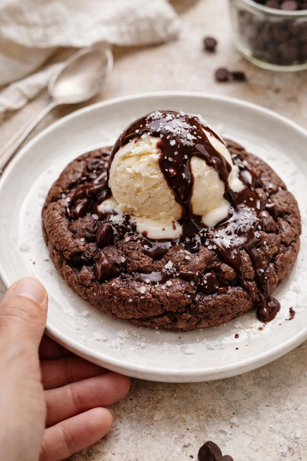 Chocolate cookie with a scoop of vanilla ice cream, drizzled with chocolate sauce on a white plate.