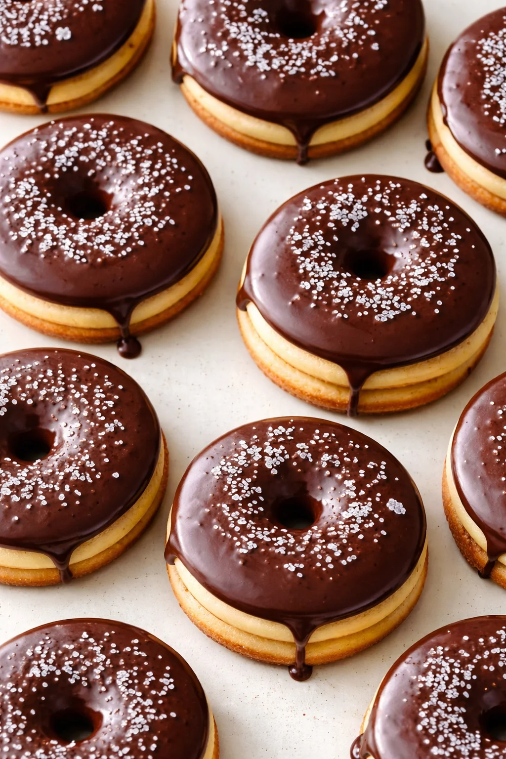 row of glossy chocolate donuts with coarse sugar on a light surface