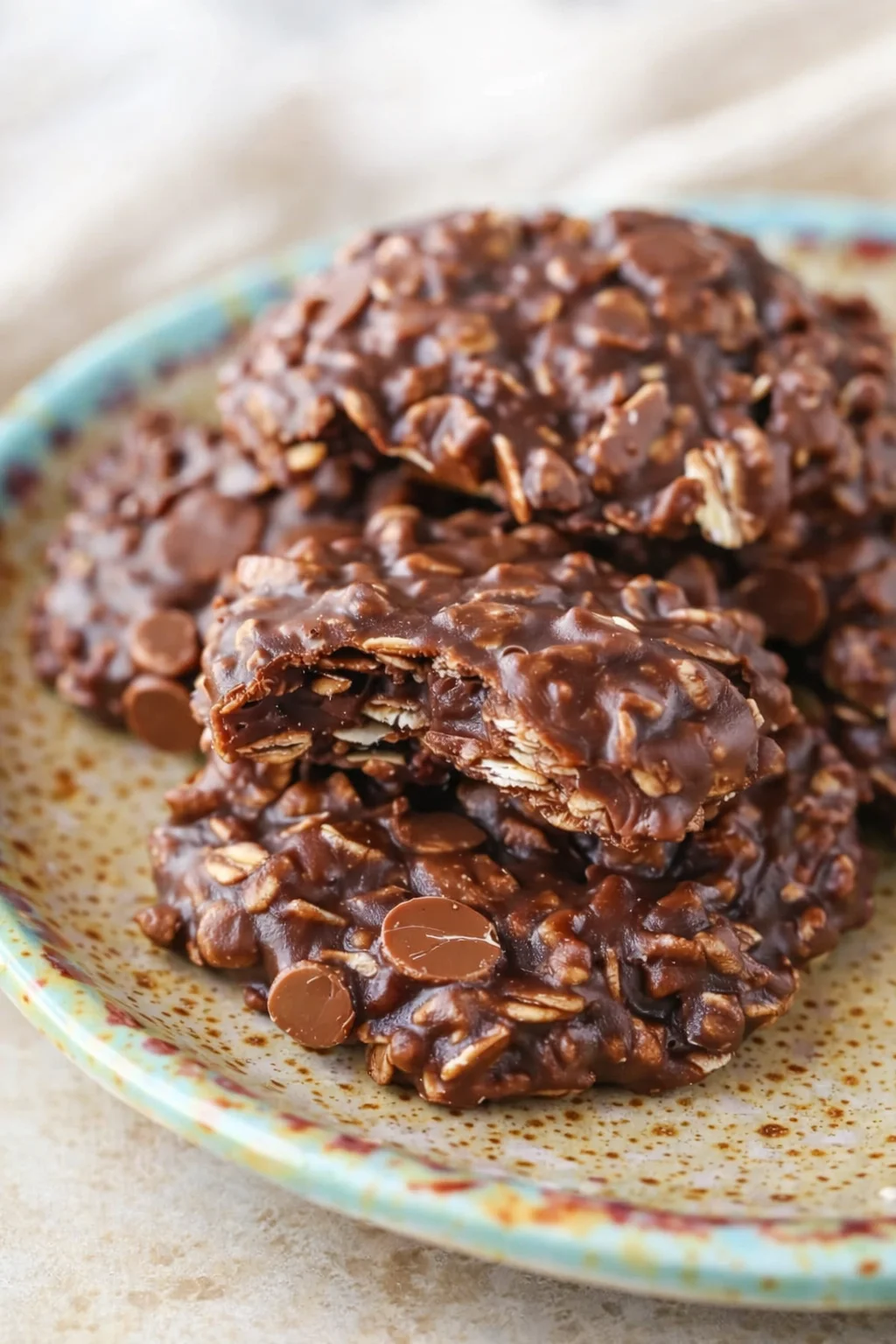 Close-up of chocolate-covered oat clusters on a speckled turquoise-rim plate