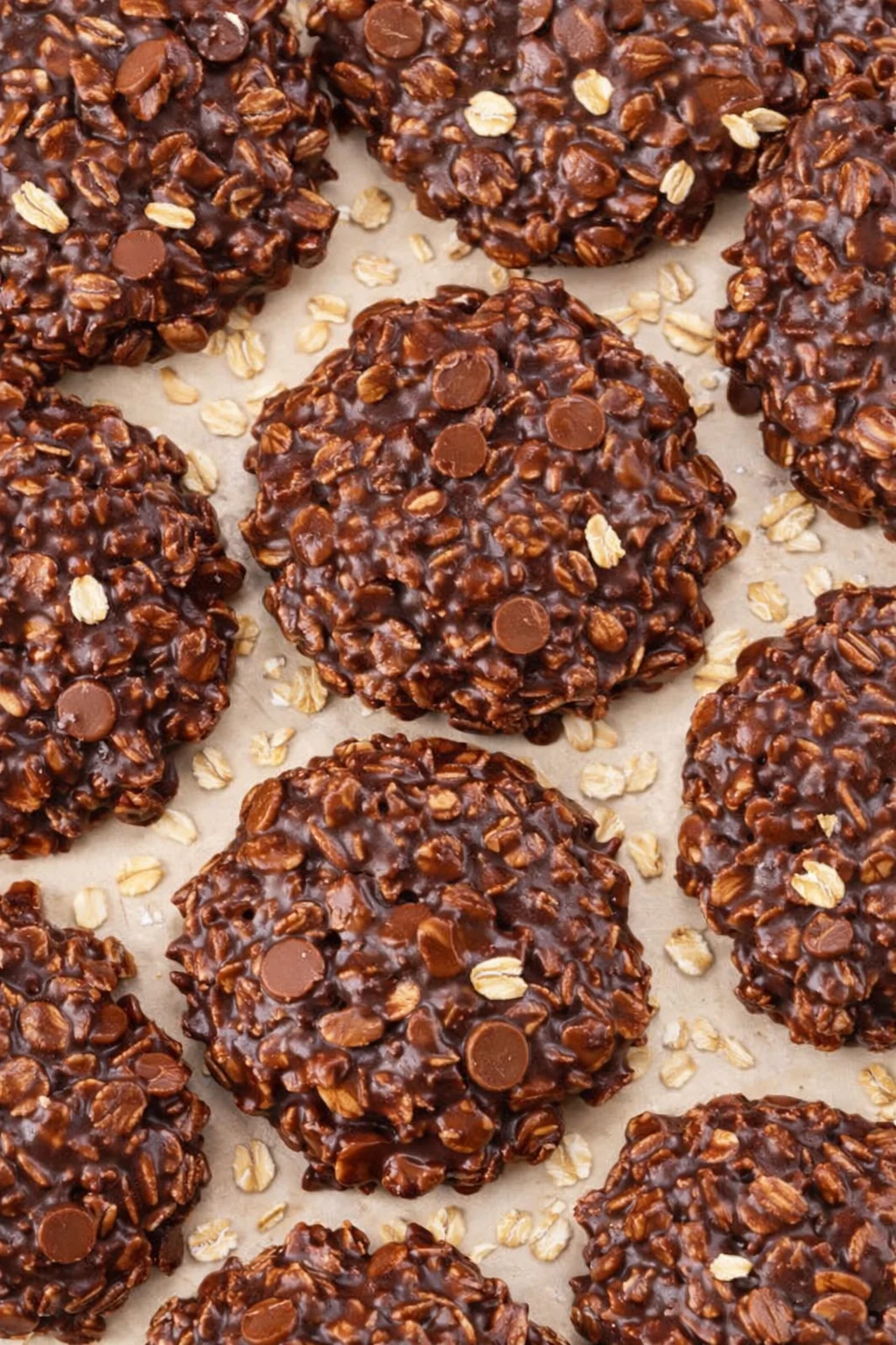 Close-up of chocolate oat cookies scattered on parchment, with a shiny chocolate coating and oats.