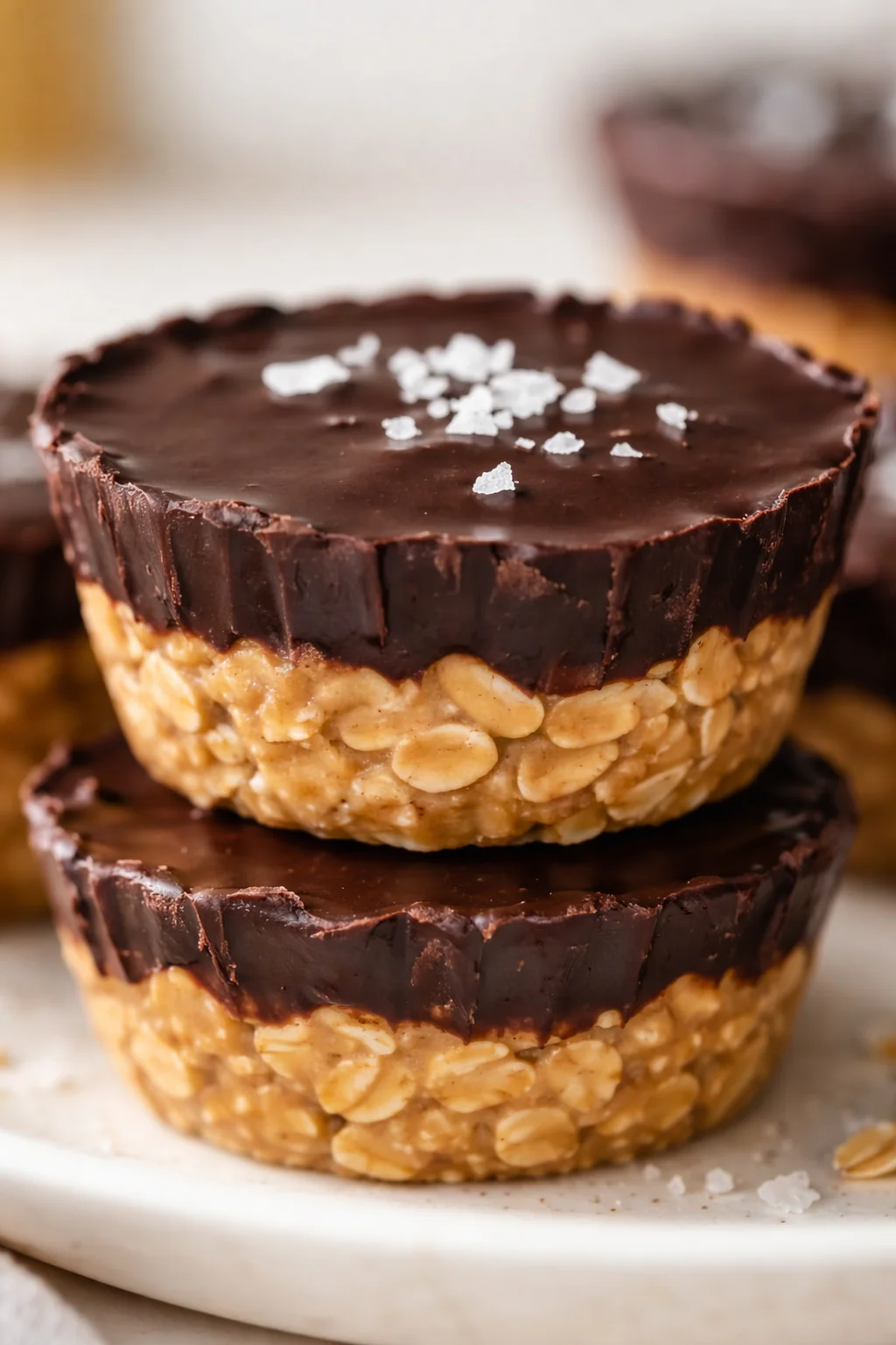 two round oat-topped chocolate bars with flaky sea salt on a marble plate