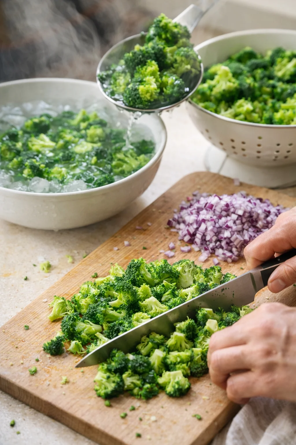 Hands chop broccoli florets on a wooden cutting board with bowls of broccoli and red onion nearby.