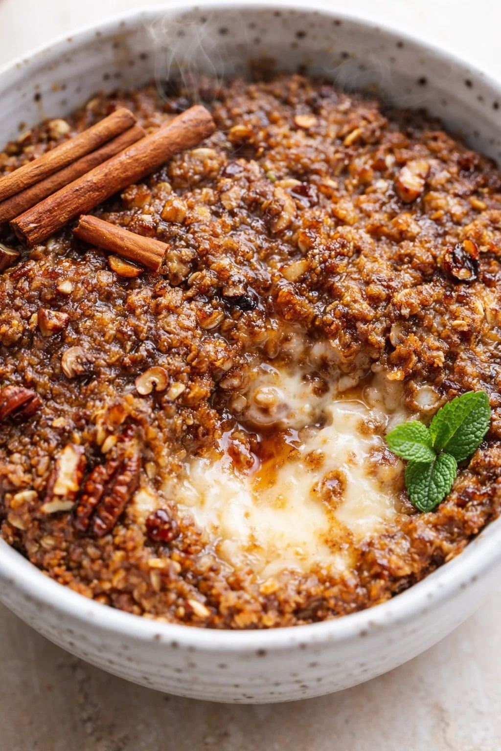 bowl of warm cinnamon-nut crumble with mint leaf and cinnamon sticks