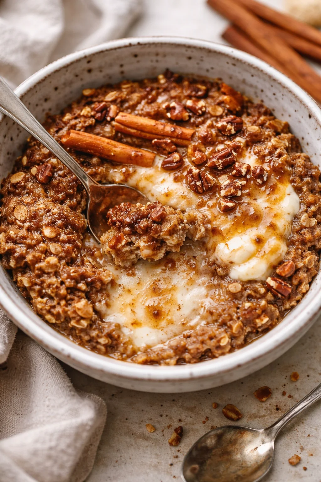 Rustic bowl of warm cinnamon-spiced oats with pecans, cinnamon sticks, and a spoon.