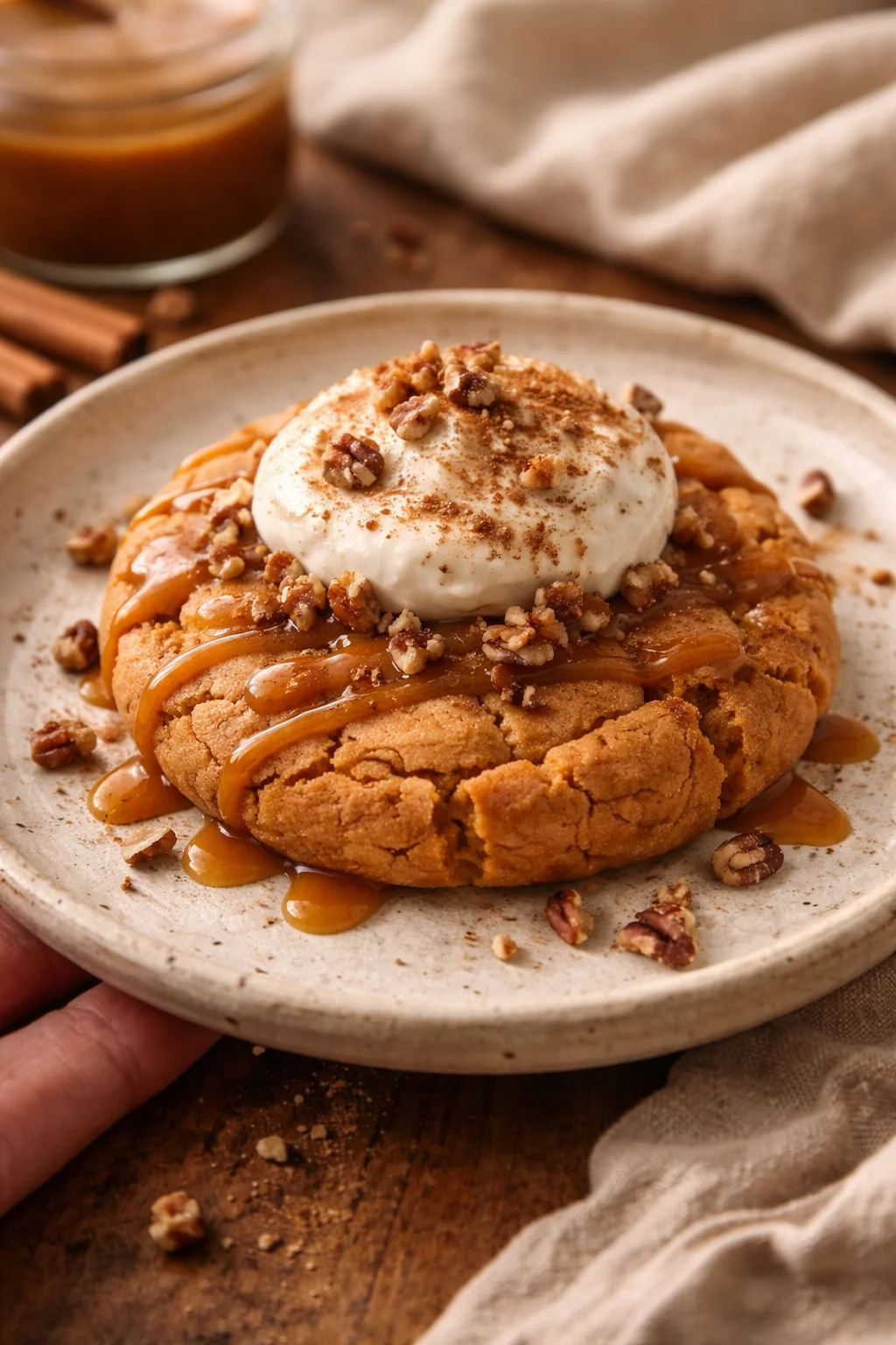 Warm cinnamon roll topped with vanilla ice cream, walnuts, and caramel drizzle on a rustic plate.