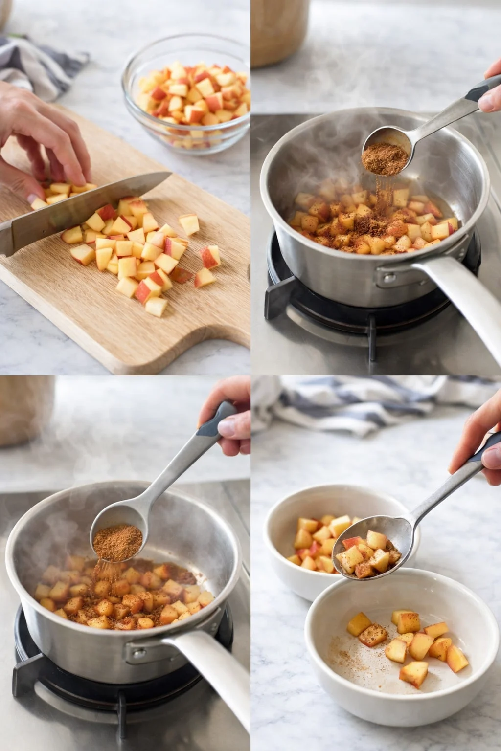 collage of diced apples on a cutting board, spice poured into a simmering pot, and scooped apples into bowls