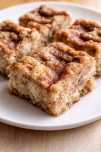 Close-up of cinnamon-sugar coffee cake squares on a white plate.