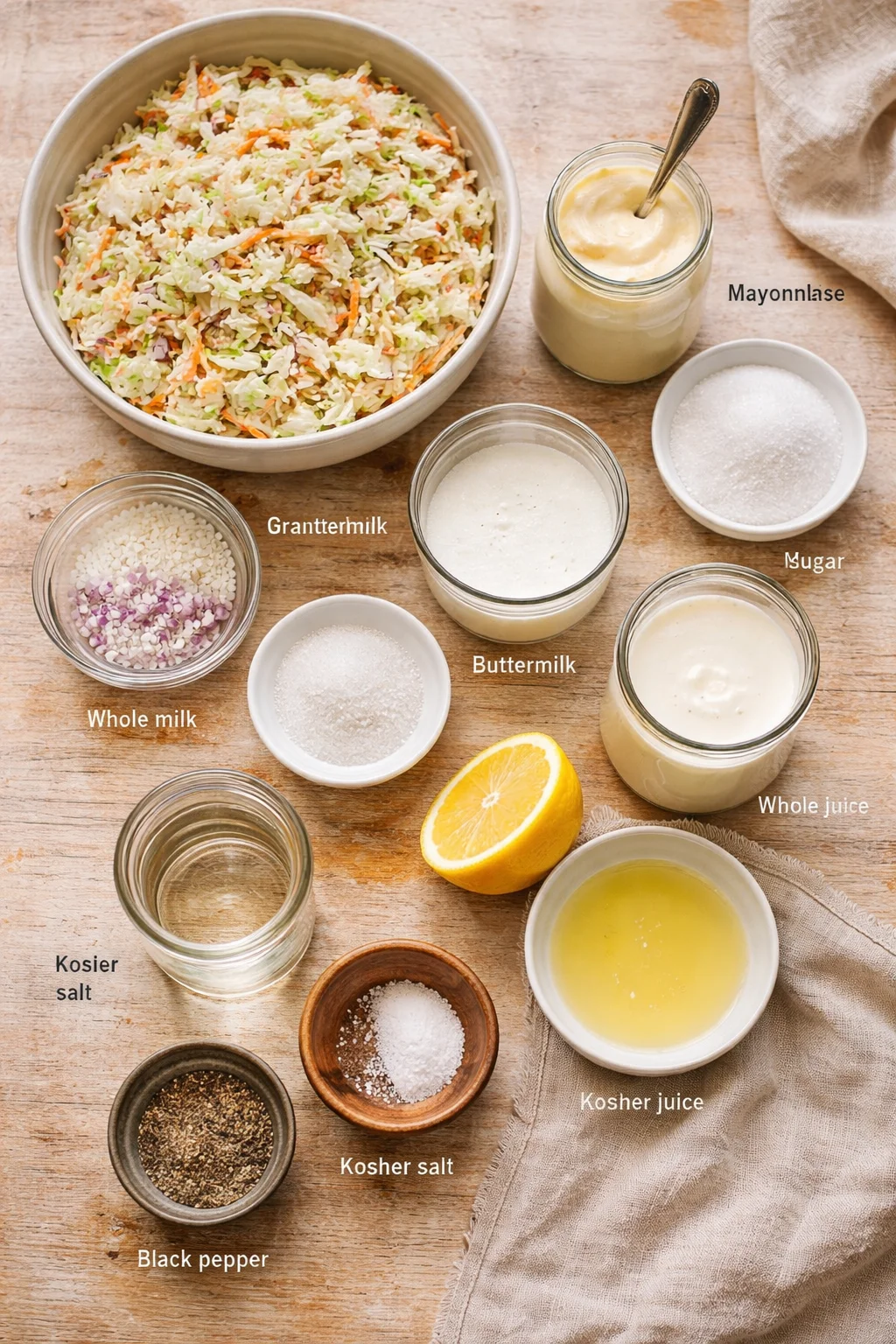 Top-down view of coleslaw ingredients arranged around a shredded cabbage bowl on a wooden surface.