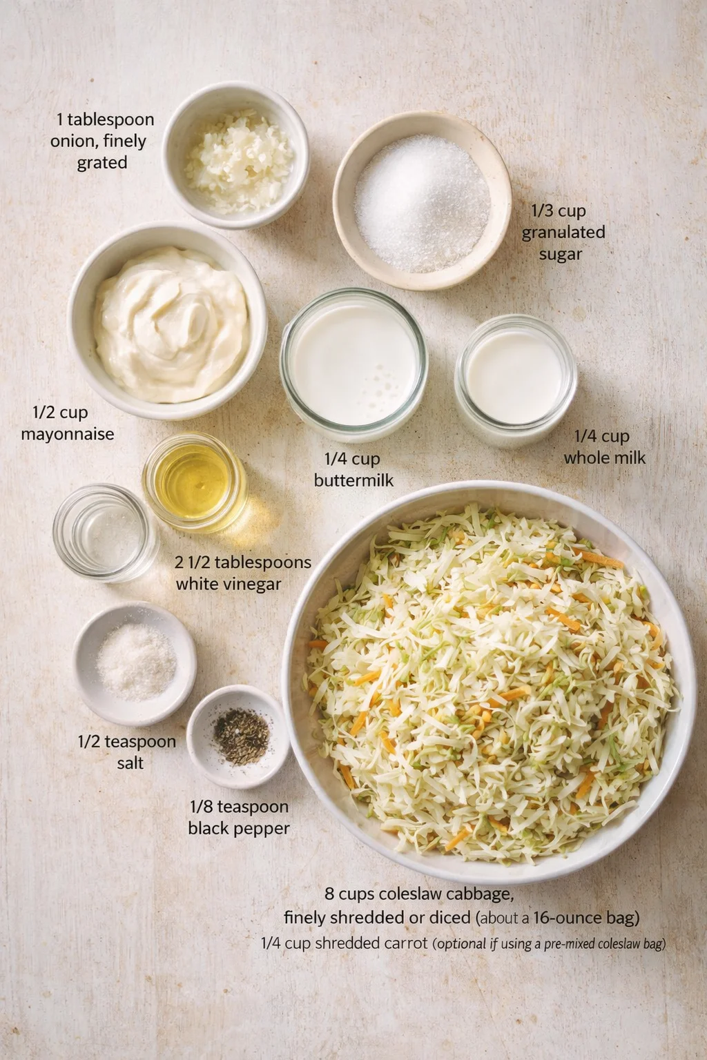 Overhead shot of coleslaw ingredients arranged around a large bowl of shredded cabbage and carrot.