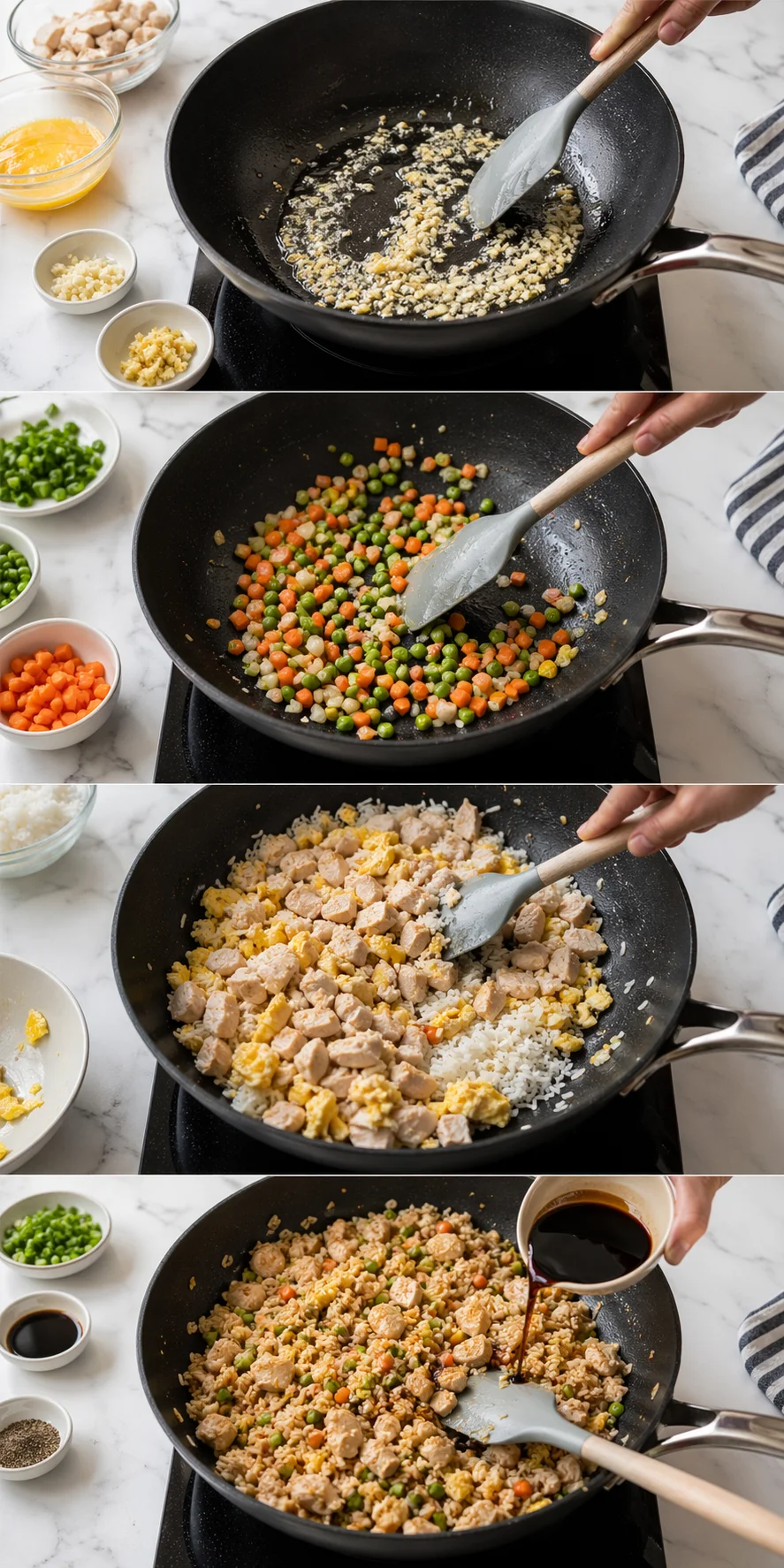 Step-by-step fried rice being made in a black skillet with chicken, eggs, and vegetables on a marble countertop