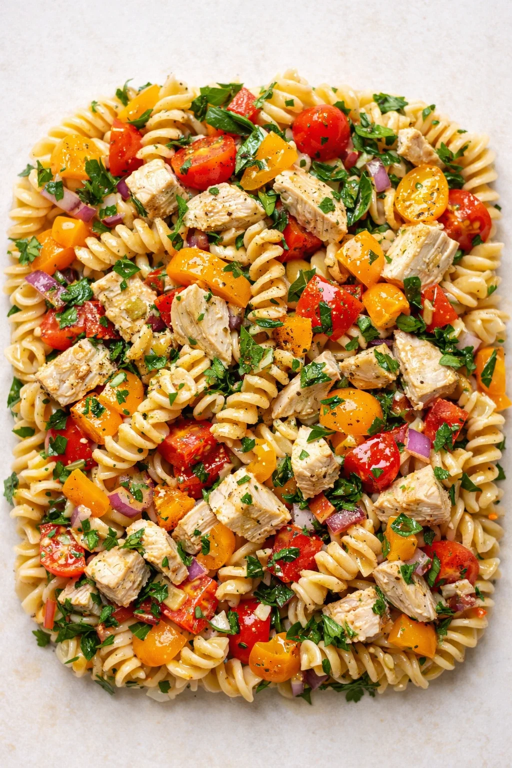 Top-down view of fusilli pasta with chicken, cherry tomatoes, red onion, peppers, and parsley on parchment.